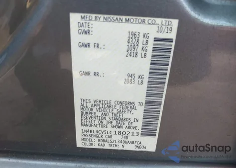2020 Nissan Altima Sr Fwd z USA, uszkodzony, nr VIN 1N4BL4CV5LC180213